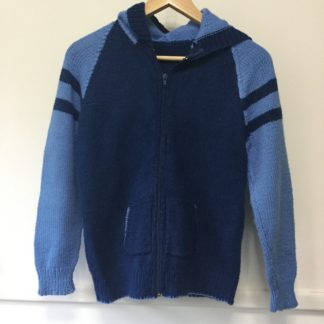 Blue hooded zip up knit jumper, size 10-12