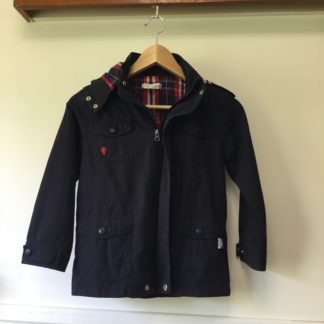 Navy blue and red hooded coat