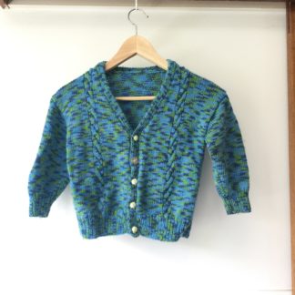 Hand knitted wool blue/green button up jumper, size 4
